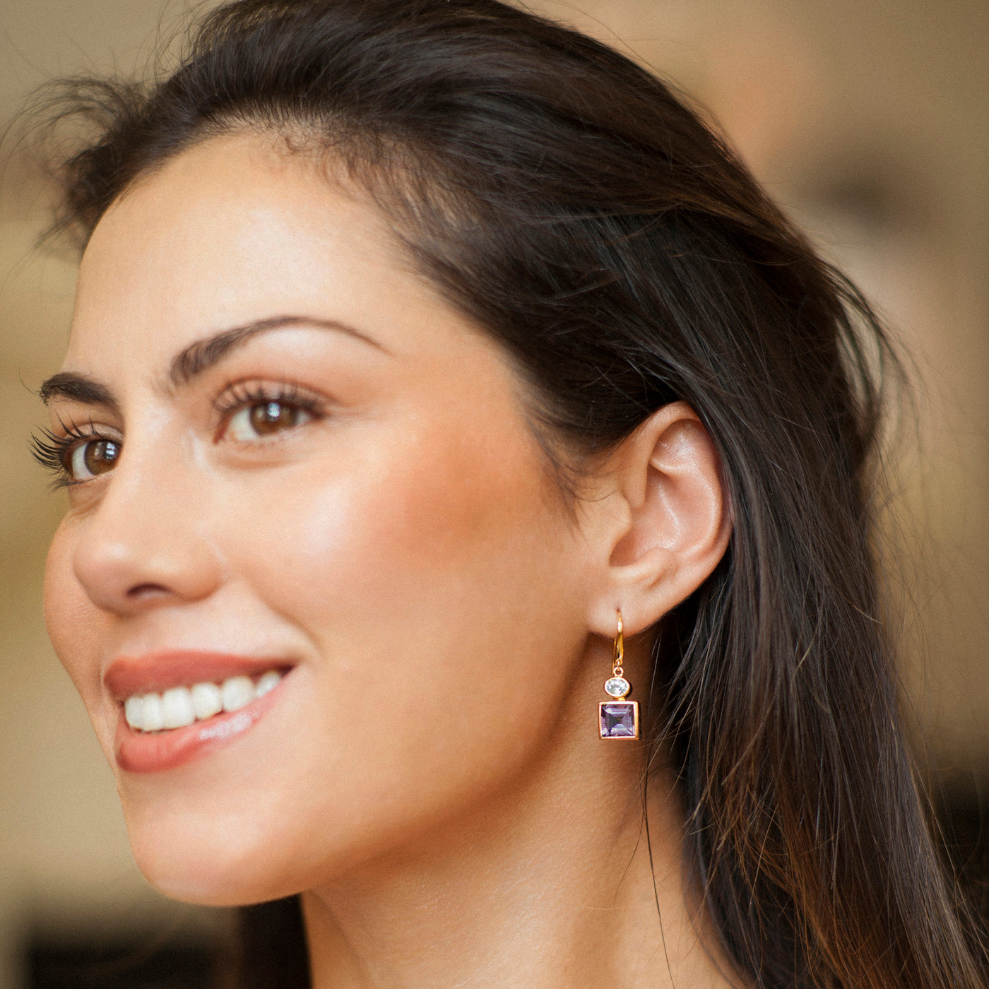 Gold Drop Earrings With Natural Amethyst And Blue Topaz on Model