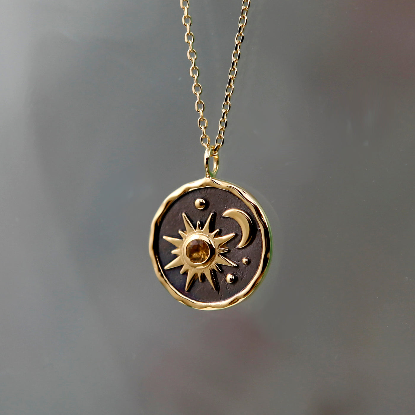 Gold Sun & Moon Pendant Necklace With Natural Citrine