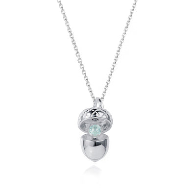 Acorn Necklace with March Aquamarine Birthstone In Silver