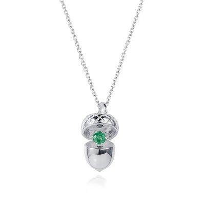 May Birthstone Emerald Acorn Necklace In Silver  