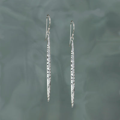 Silver Long Drop Textured Earrings