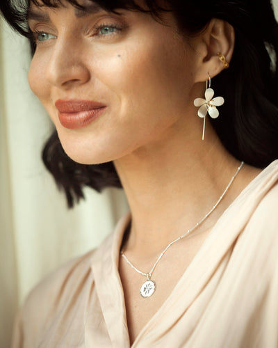 Model Wearing Silver Four-Leaf Clover Necklace