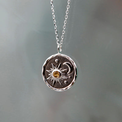 Silver Sun & Moon Necklace Pendant With Natural Citrine