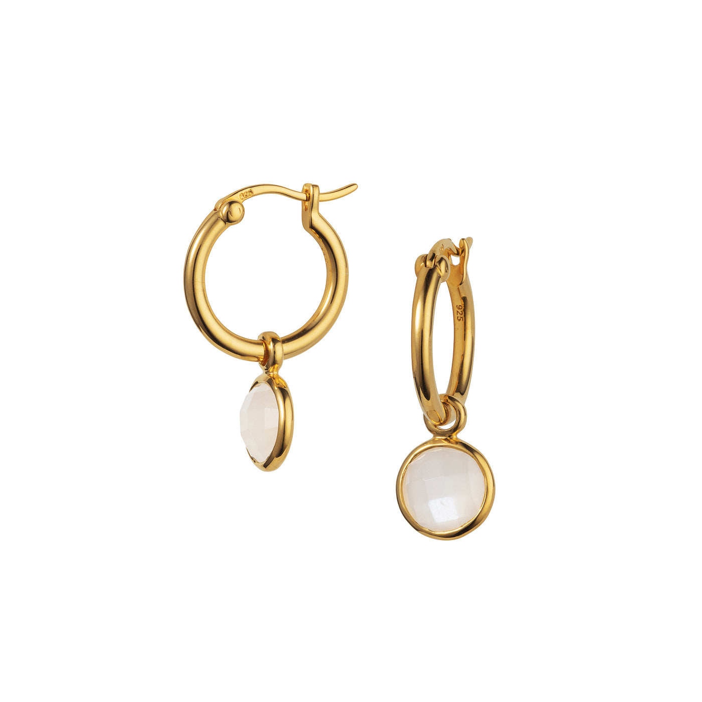 Product Shot of Gold and Moonstone Huggie Hoop Earrings