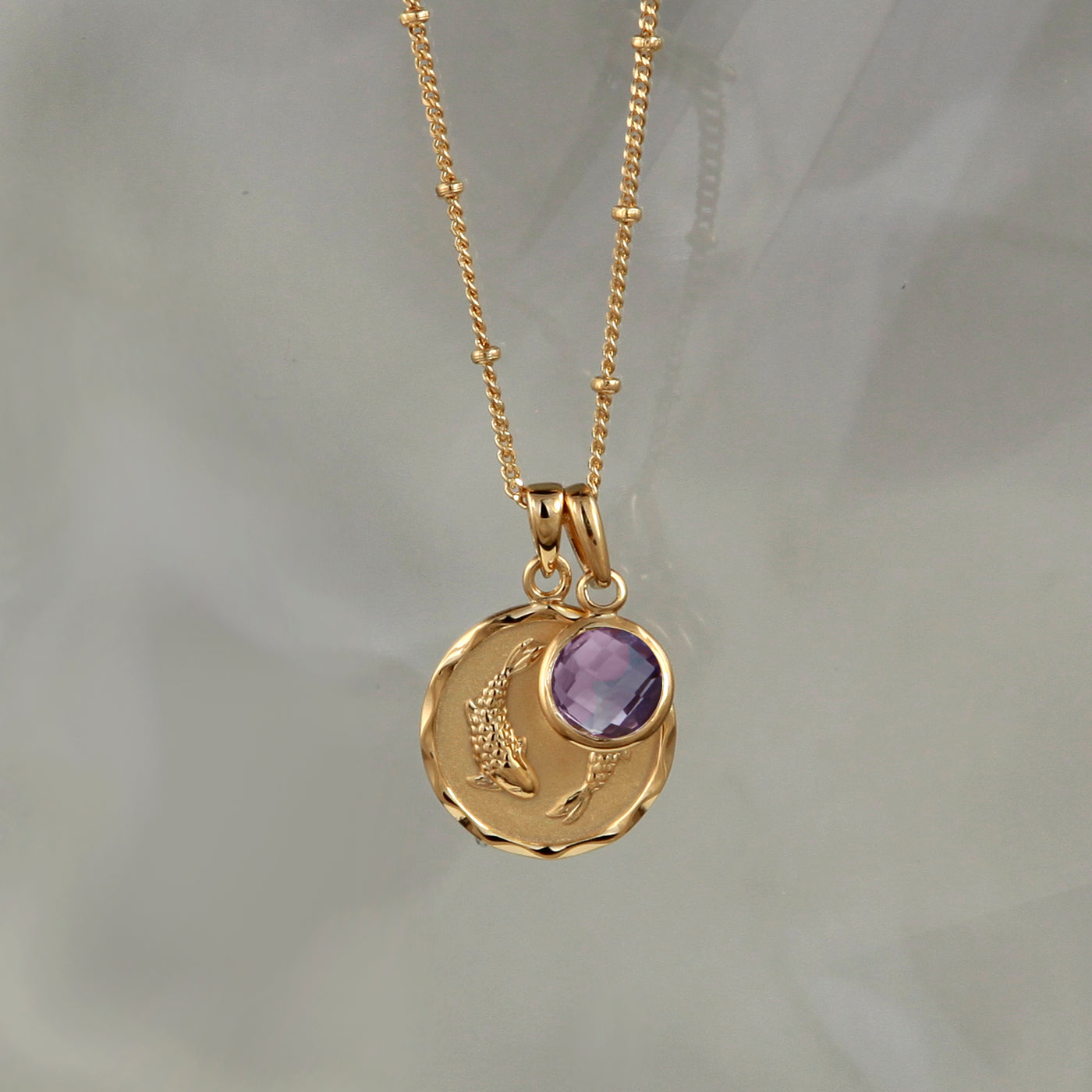 Gold Zodiac Necklace- Pisces with Birthstone