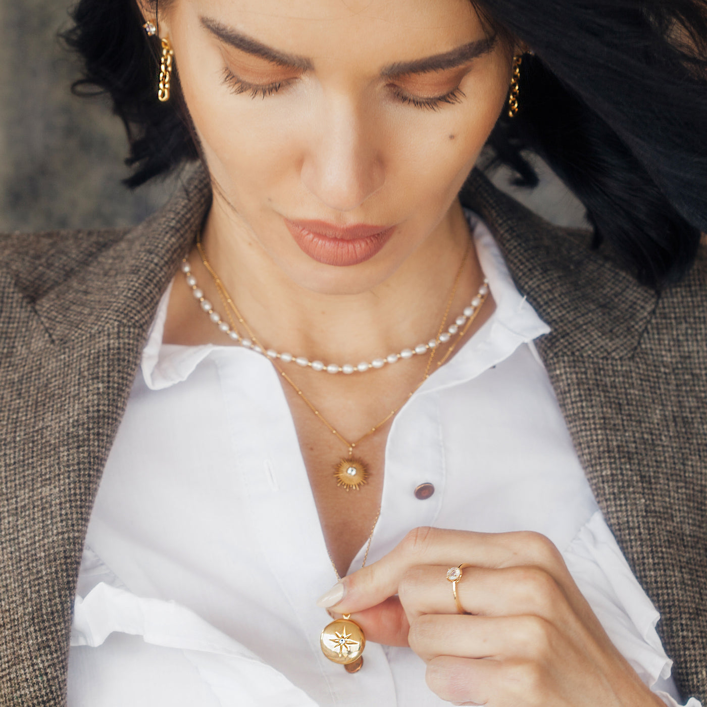 Model Wearing Heaven-Sent Moonstone Locket Necklace In 18k Gold Vermeil