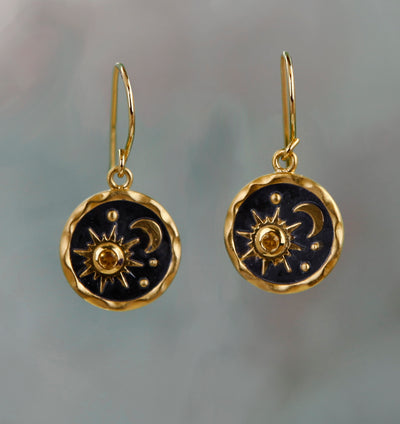 Gold Sun And Moon Drop Earrings With Natural Citrine