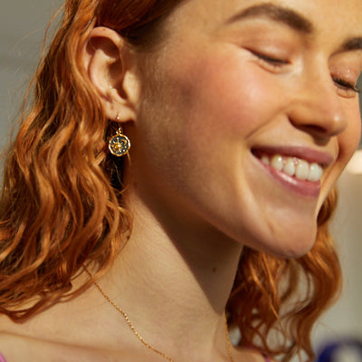 Photo of Model with Heaven-Sent Sun & Moon Hook Earrings in Matte Gold