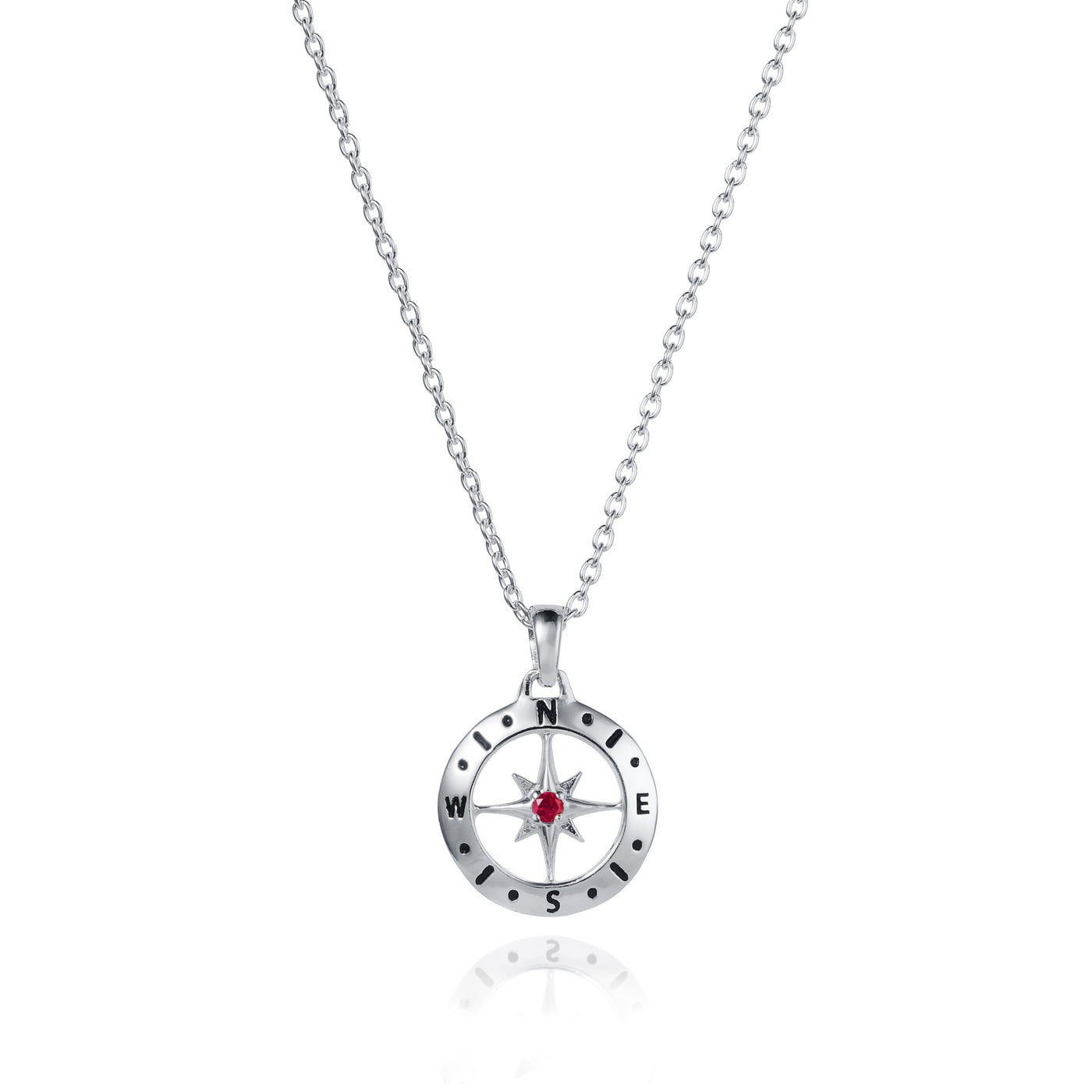 Image of Silver Compass Necklace with July Birthstone Ruby