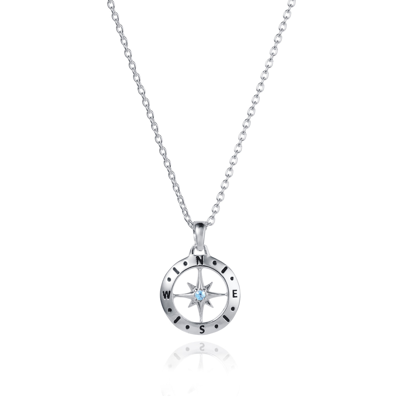 Photo of Silver Compass Necklace With March Aquamarine Birthstone