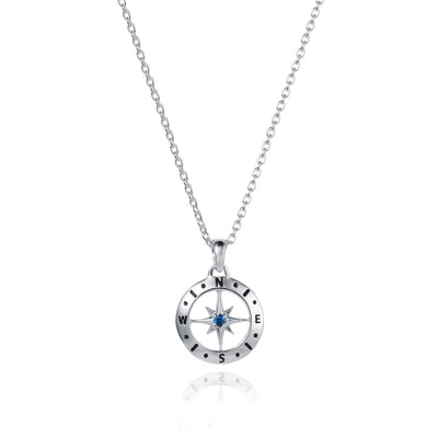 Image of Silver Compass Necklace with September Birthstone Sapphire