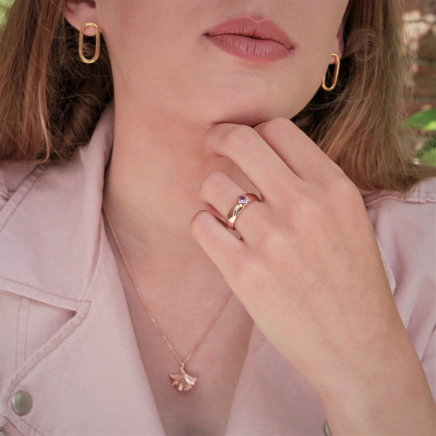 Model Wearing Rose Gold Vermeil Ring With Amethyst Stone