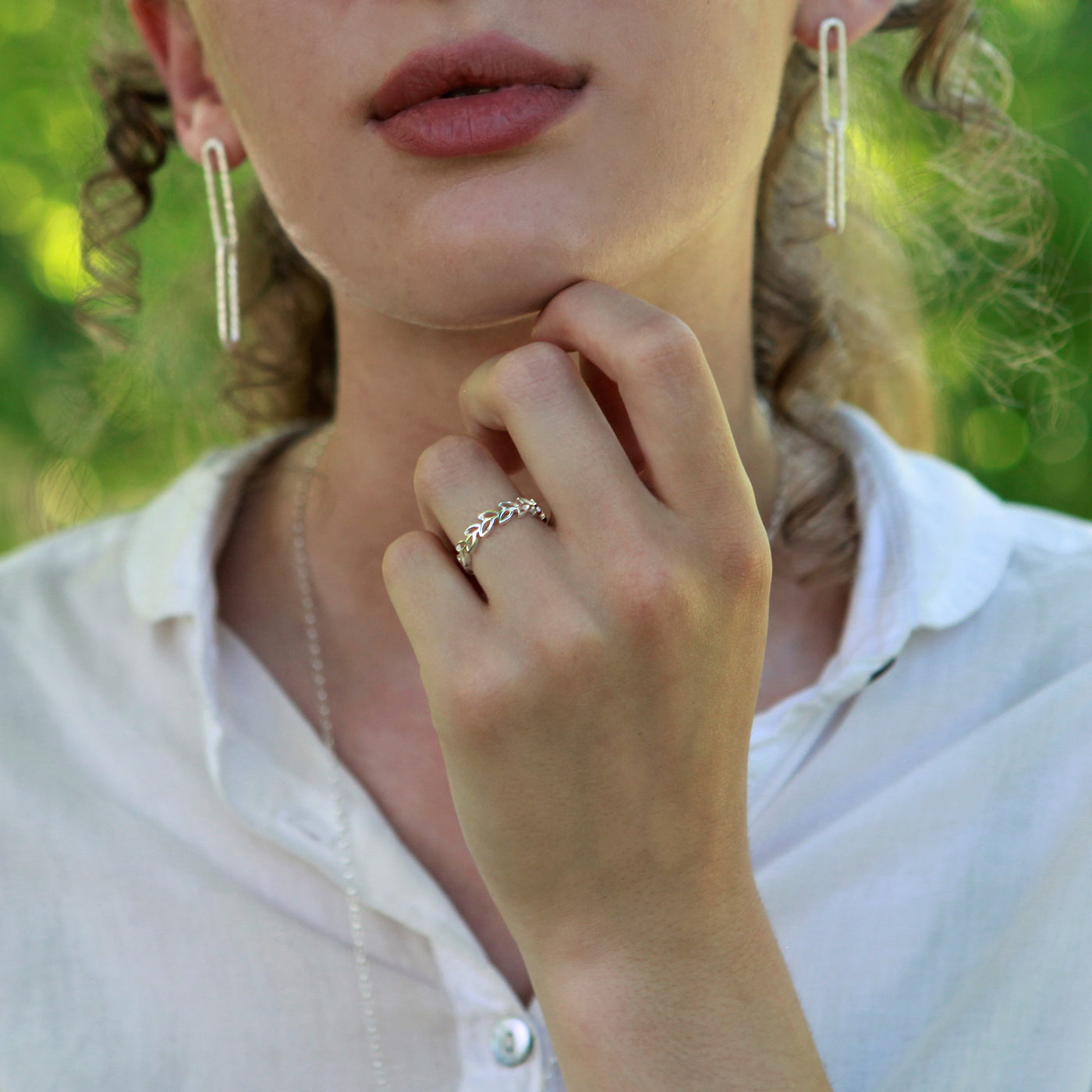 Model Wearing Multi Leaf Silver Ring