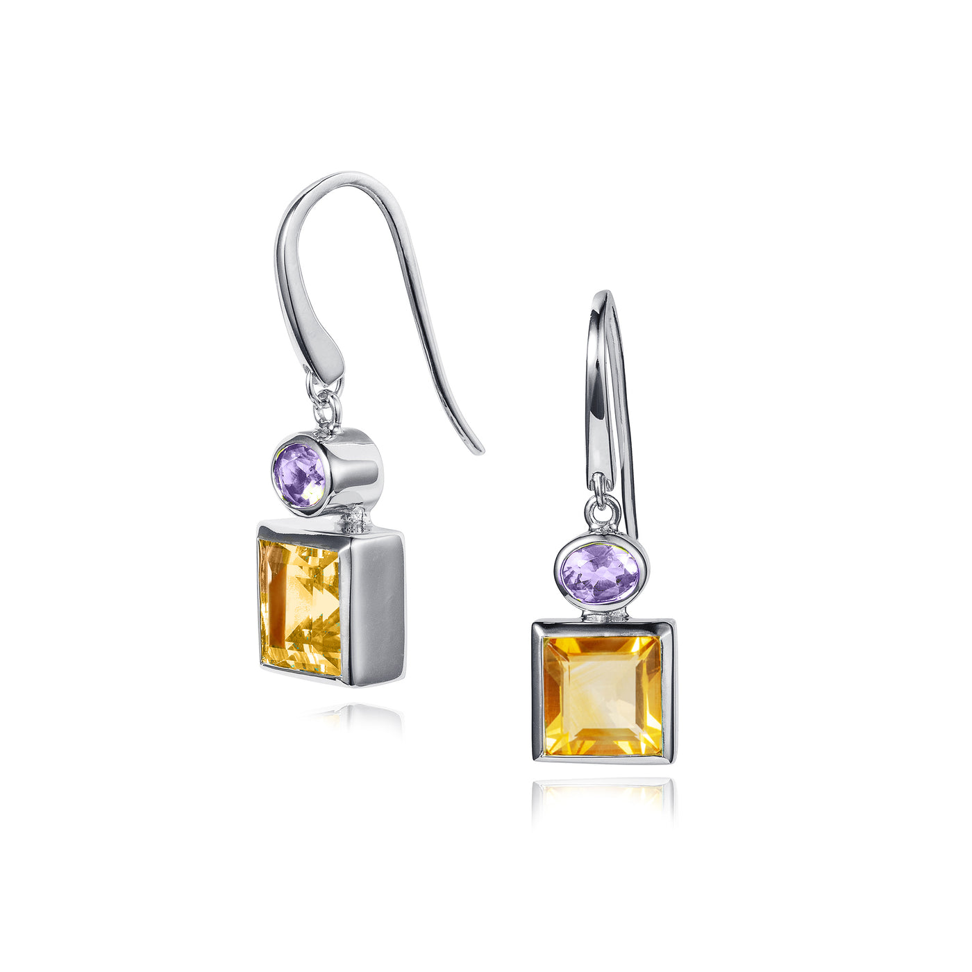 Photo of Square Citrine and Oval Amethyst Silver Dop Earrings