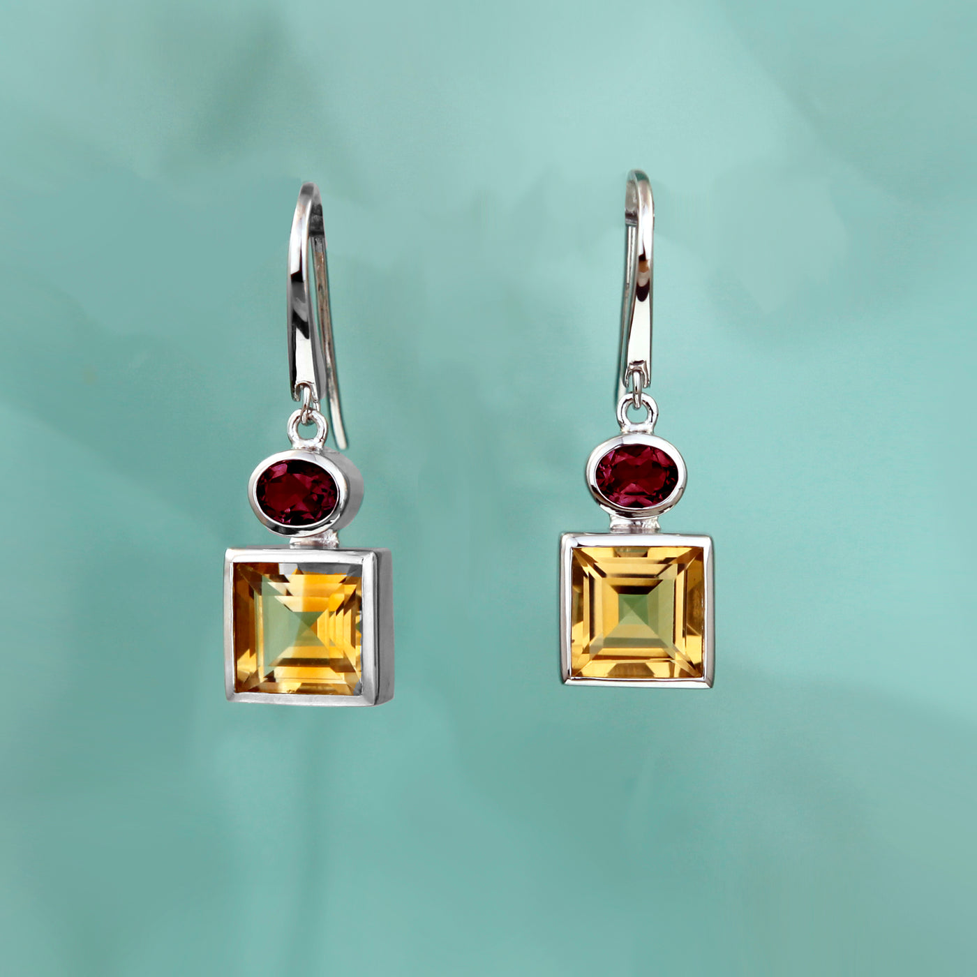Silver Drop Earrings With Natural Citrine and Garnet
