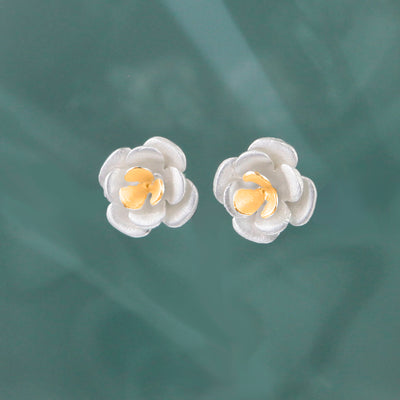 Image of Silver and Gold Rose Flower Stud Earrings
