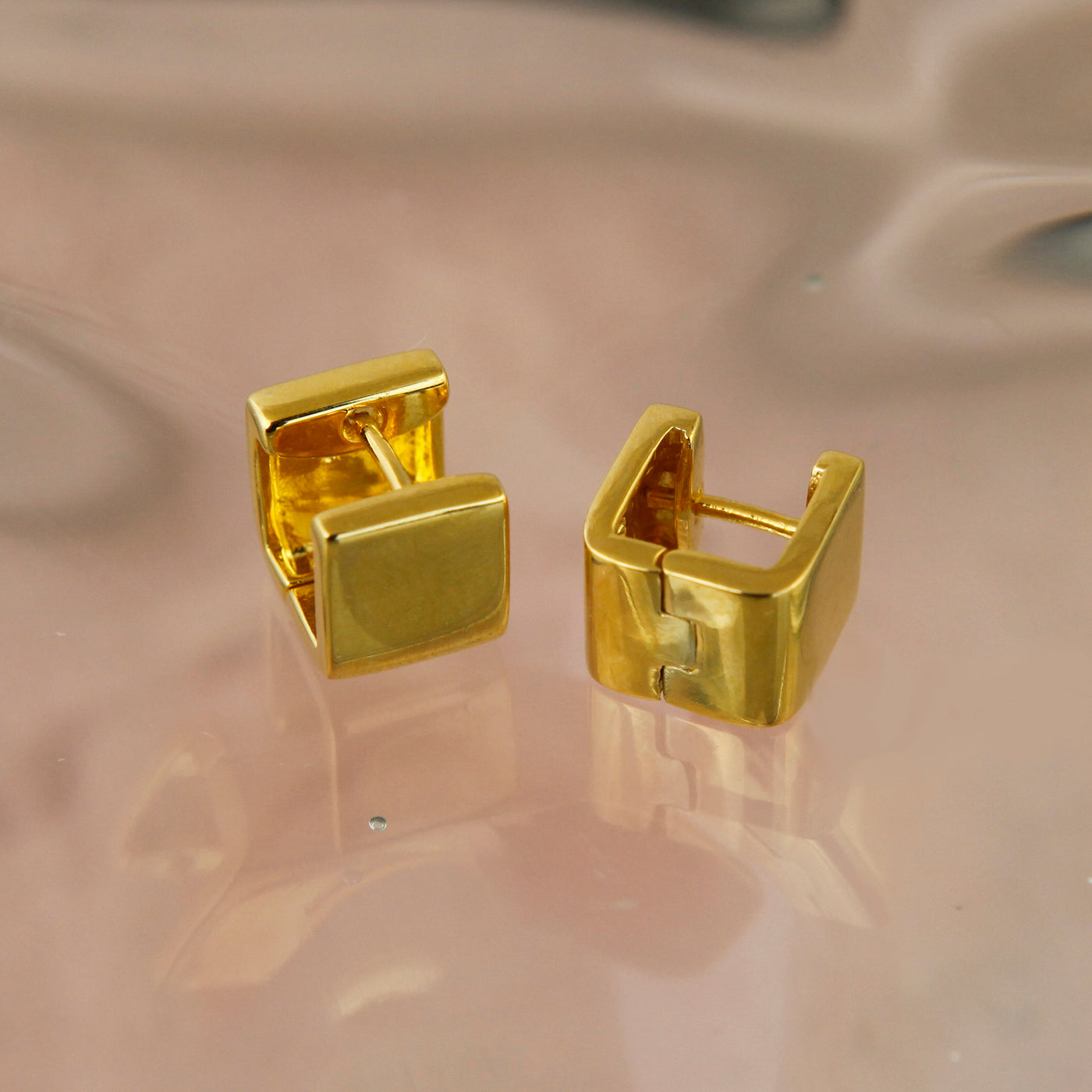 Image of Gold Huggie Wide Square Hoop Earrings