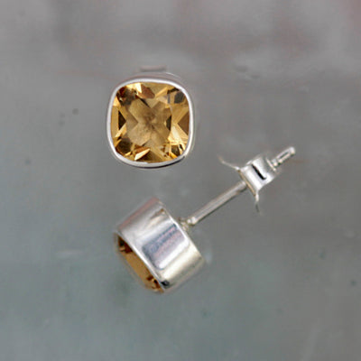 Square Silver and Citrine Stud Earrings