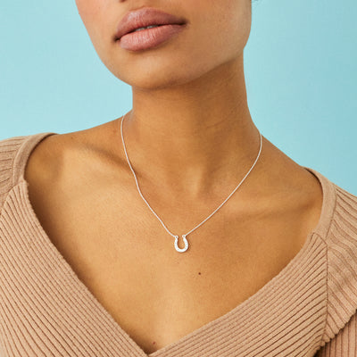 Model Wearing Lucky Horseshoe Silver Necklace