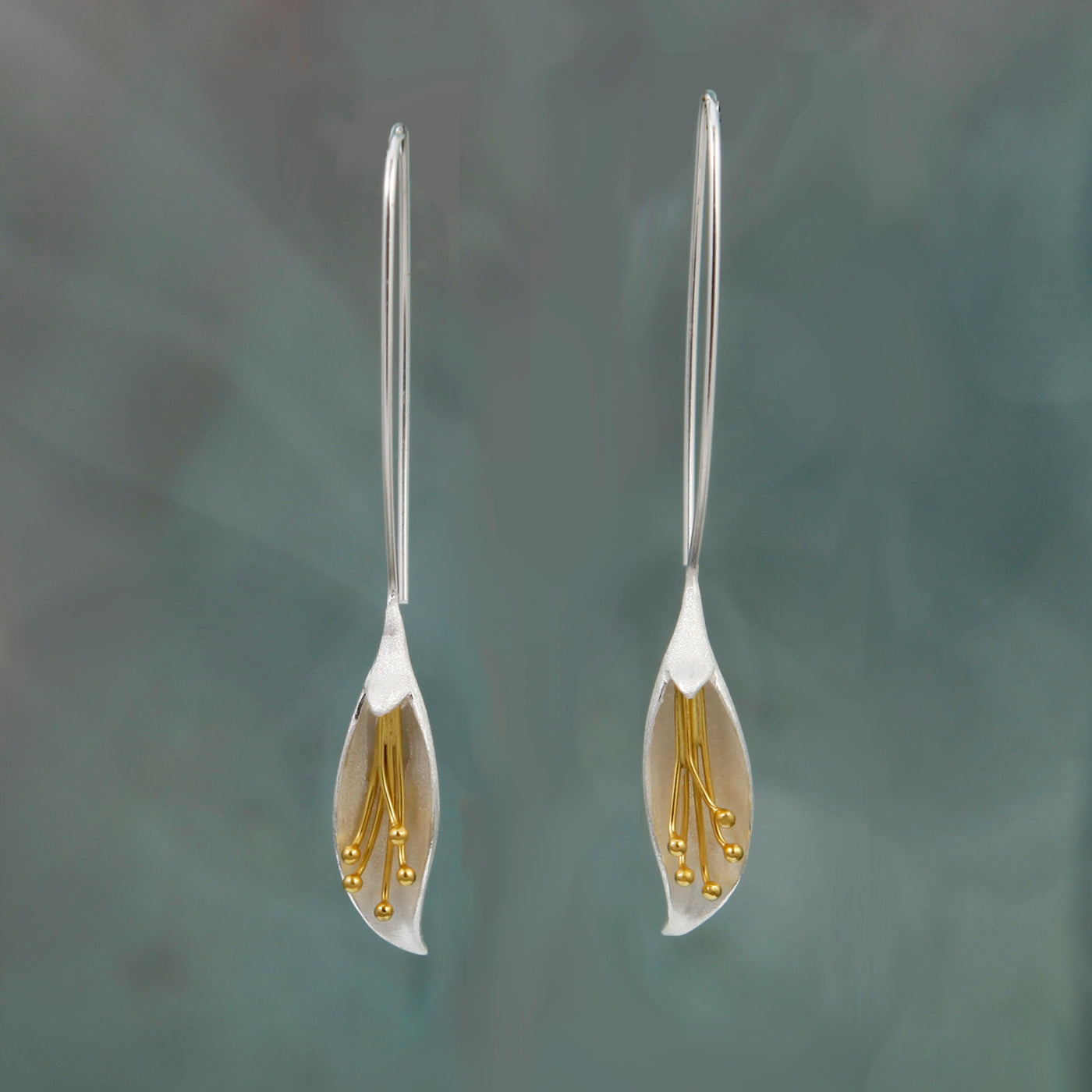 Image of Long Lily Silver & Gold Flower Earrings