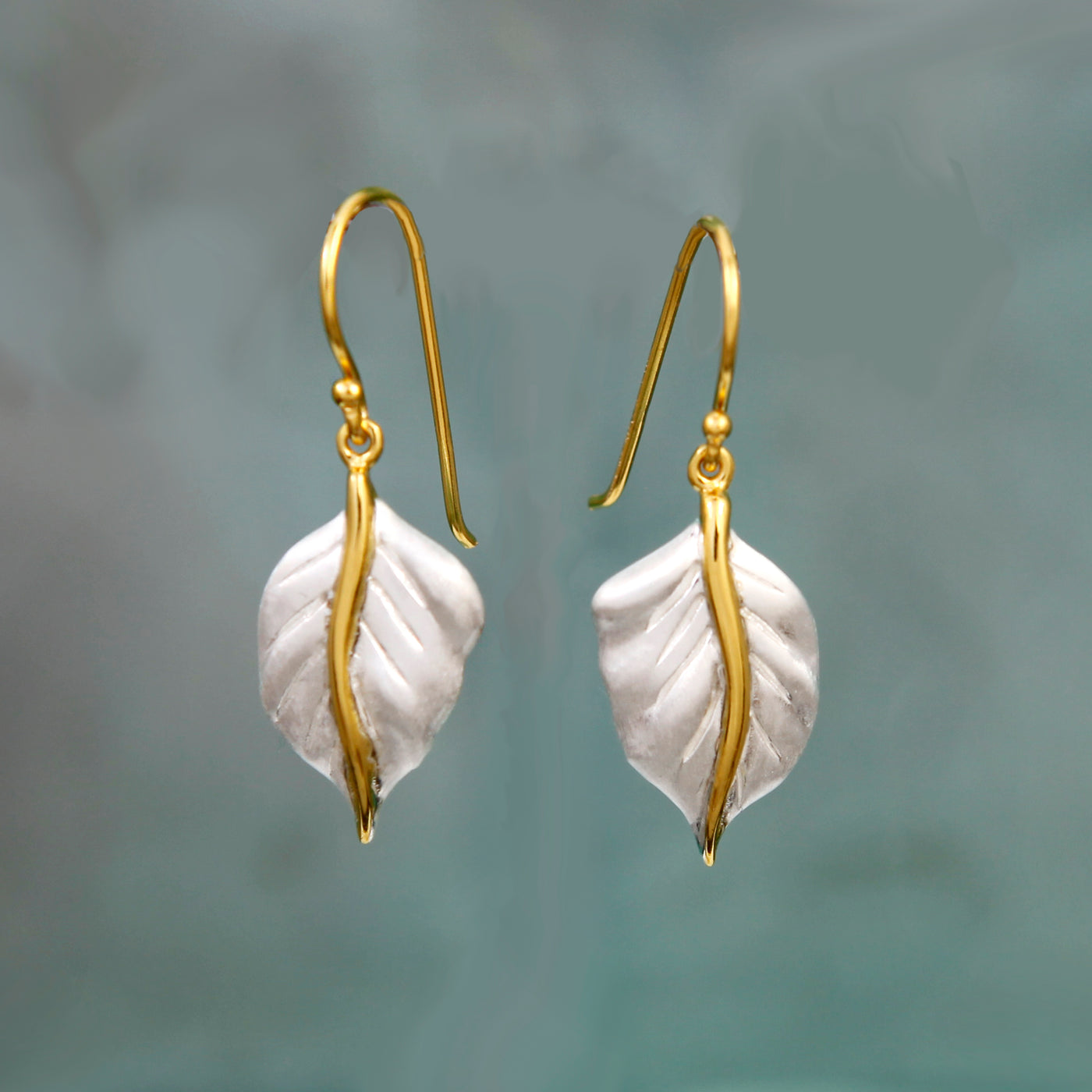 Image of SIlver Leaf Drop Earrings with Gold Details