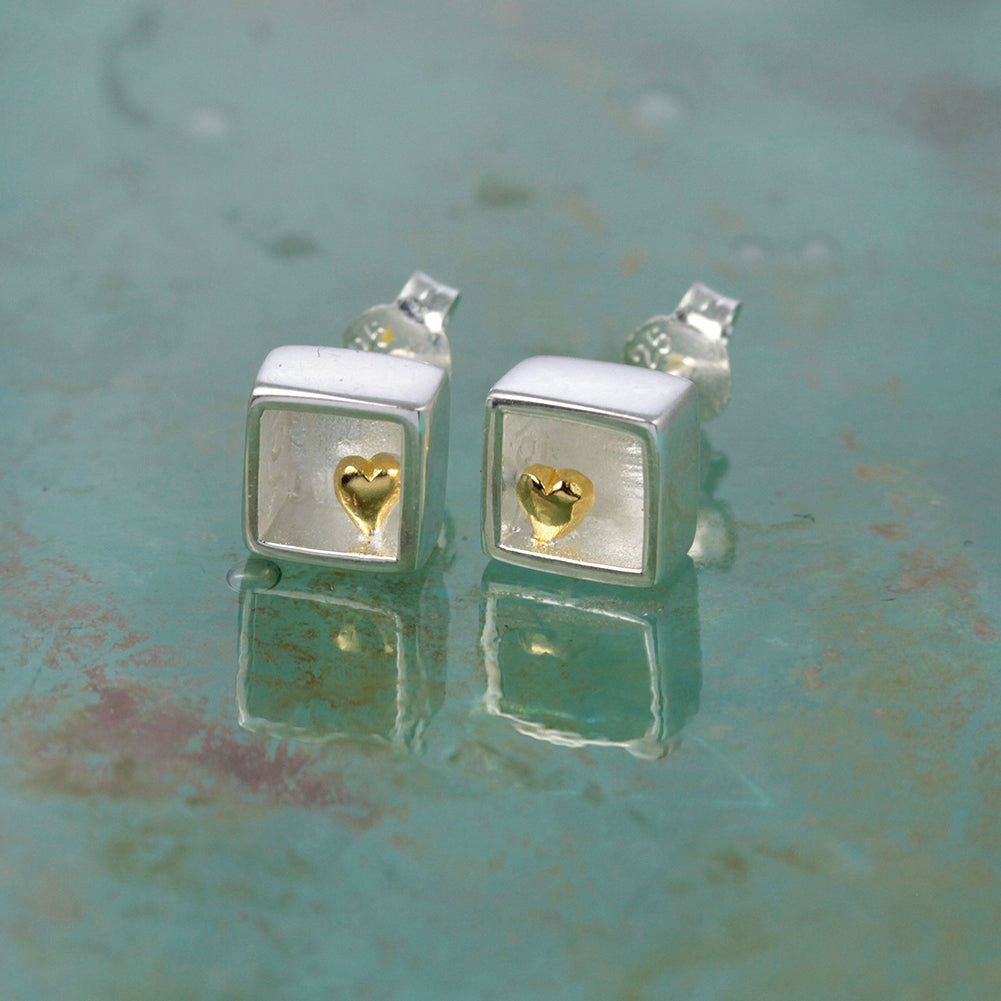 Heart of Gold Silver Stud Earrings